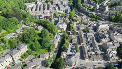 aerial video footage of quiet town in the north of england called hebden bridge, halifax, west yorkshire