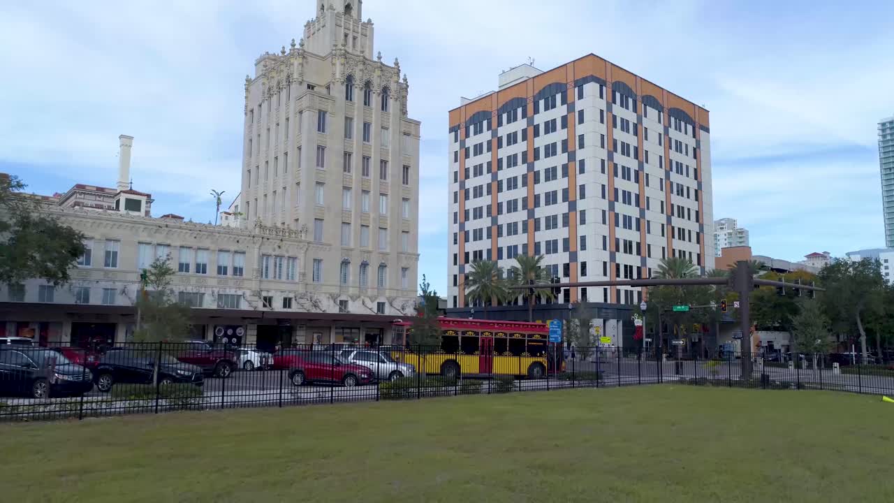 4K Aerial Video of Trolley Arriving at Snell Arcade at Central Ave and 4th Street N. in St Petersburg, Florida