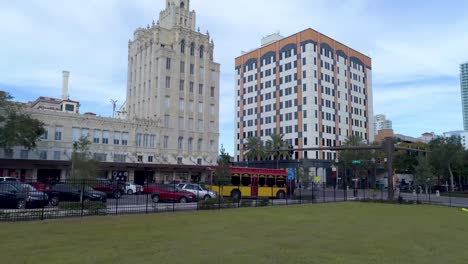 4k aerial video of trolley arriving at snell arcade at central ave and 4th street n. in st petersburg, florida
