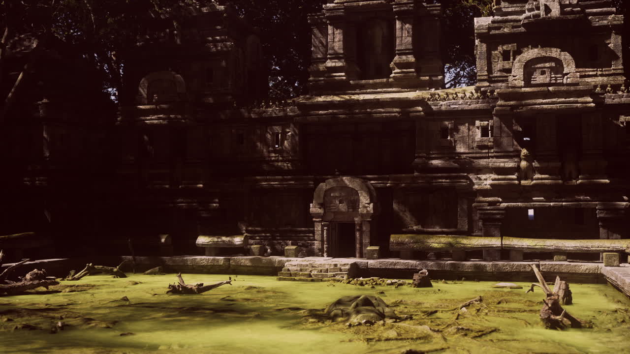 Ancient cambodian temple ruins amid lush greenery and stagnant water