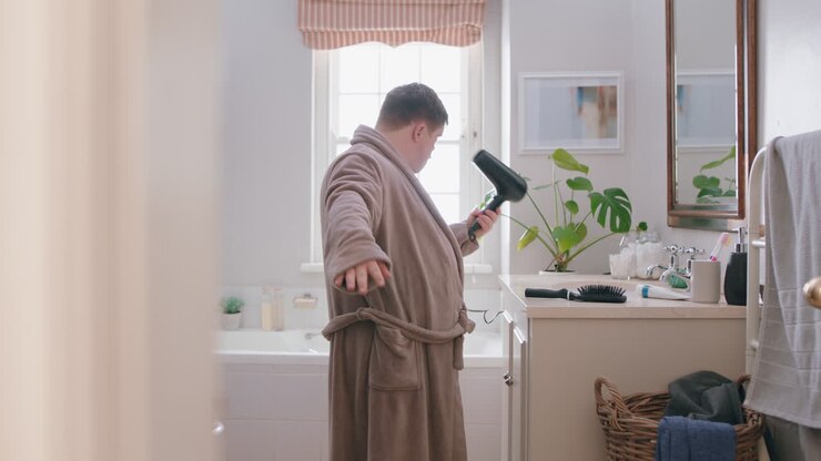 funny teenage boy with down syndrome singing in bathroom using toothbrush having fun enjoying morning routine wearing bathrobe