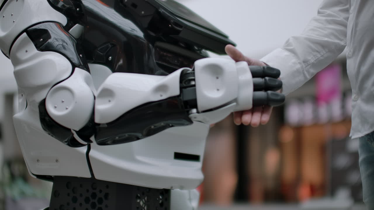 tecnologías robóticas modernas. un hombre se comunica con un robot presiona un brazo mecánico de plástico para el apretón de mano del robot.