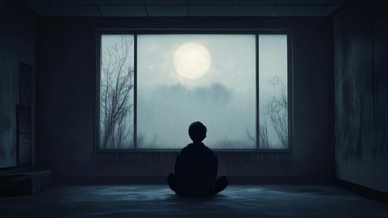 Meditating silhouette finding inner peace while observing moonlit foggy landscape through large window in dimly lit abandoned room, embodying deep contemplation and spiritual tranquility