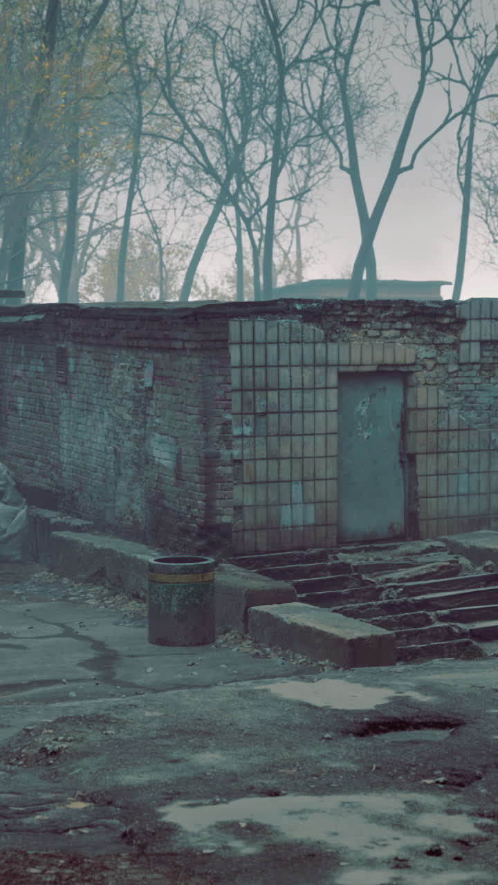 Abandoned building complex surrounded by trees in a misty environment