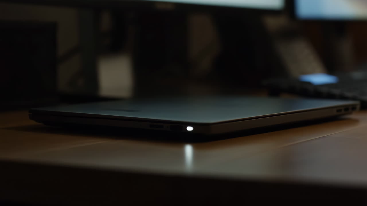 Closed Laptop with Illuminated LED on a Wooden Desk