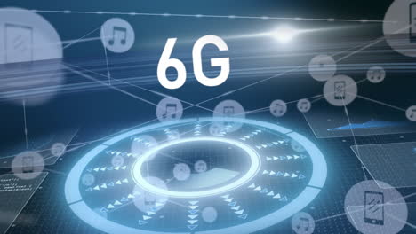animación de texto 6g, red de conexiones con íconos y procesamiento de datos