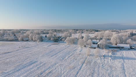 Antena-Que-Establece-La-Vista-De-Un-Paisaje-Rural-En-Invierno,-Campos-Y-árboles-Cubiertos-De-Nieve,-Clima-Helado,-Día-Soleado-De-Invierno-Con-Cielo-Azul,-Gran-Tiro-De-Drones-Moviéndose-Hacia-Atrás