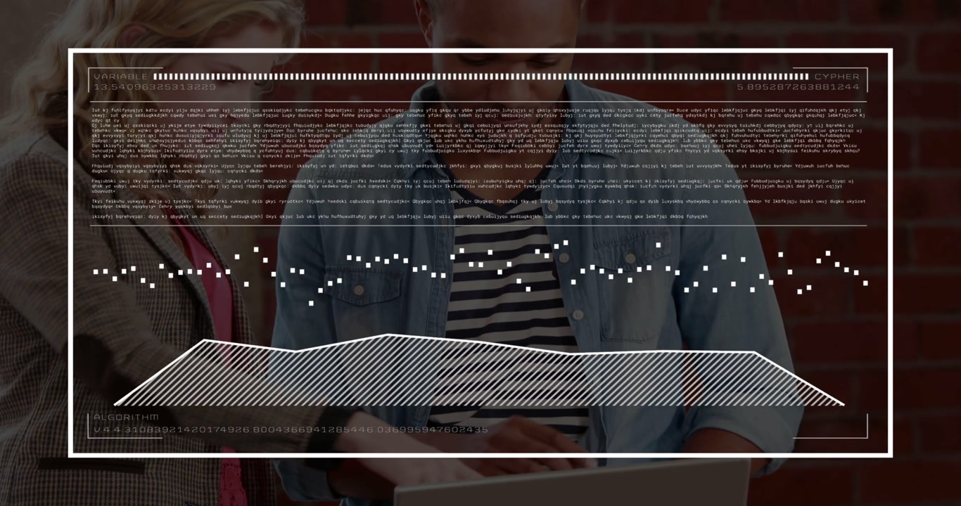 Coworkers bringing laptop as HUD animating chart, operating keys and reviewing data for designers