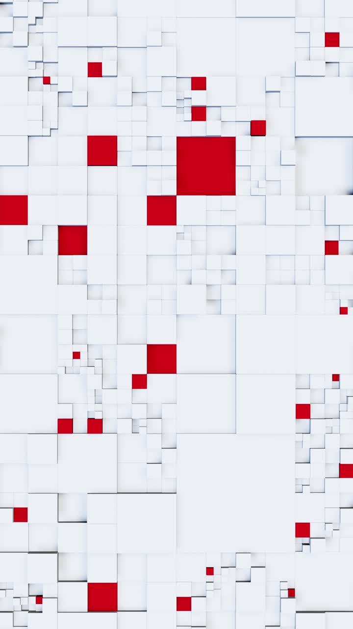 다양한 수준에서 움직이는 색과 빨간색 큐브의 배경. 수직 루프 비디오