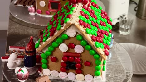 closeup red and green gingerbread house decorated at christmas time.