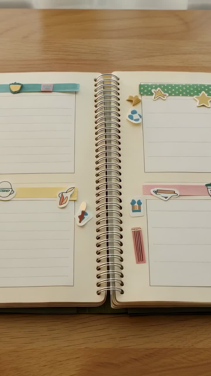 Vertical video: Pulling back cam after tight start, revealing planner coil, washi, stickers on wood
