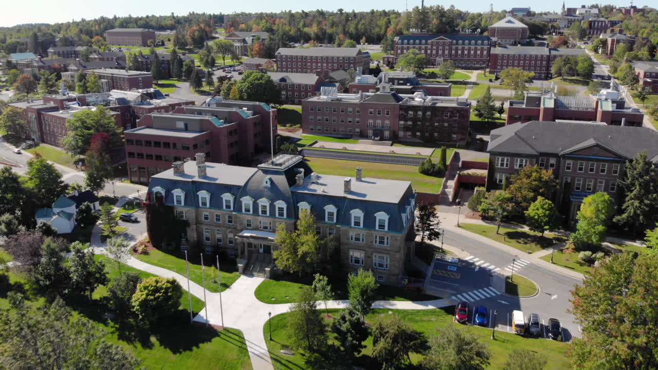 AERIAL: Flying Toward Sir Howard Douglas Hall on the University of New Brunswick Fredericton Campus
