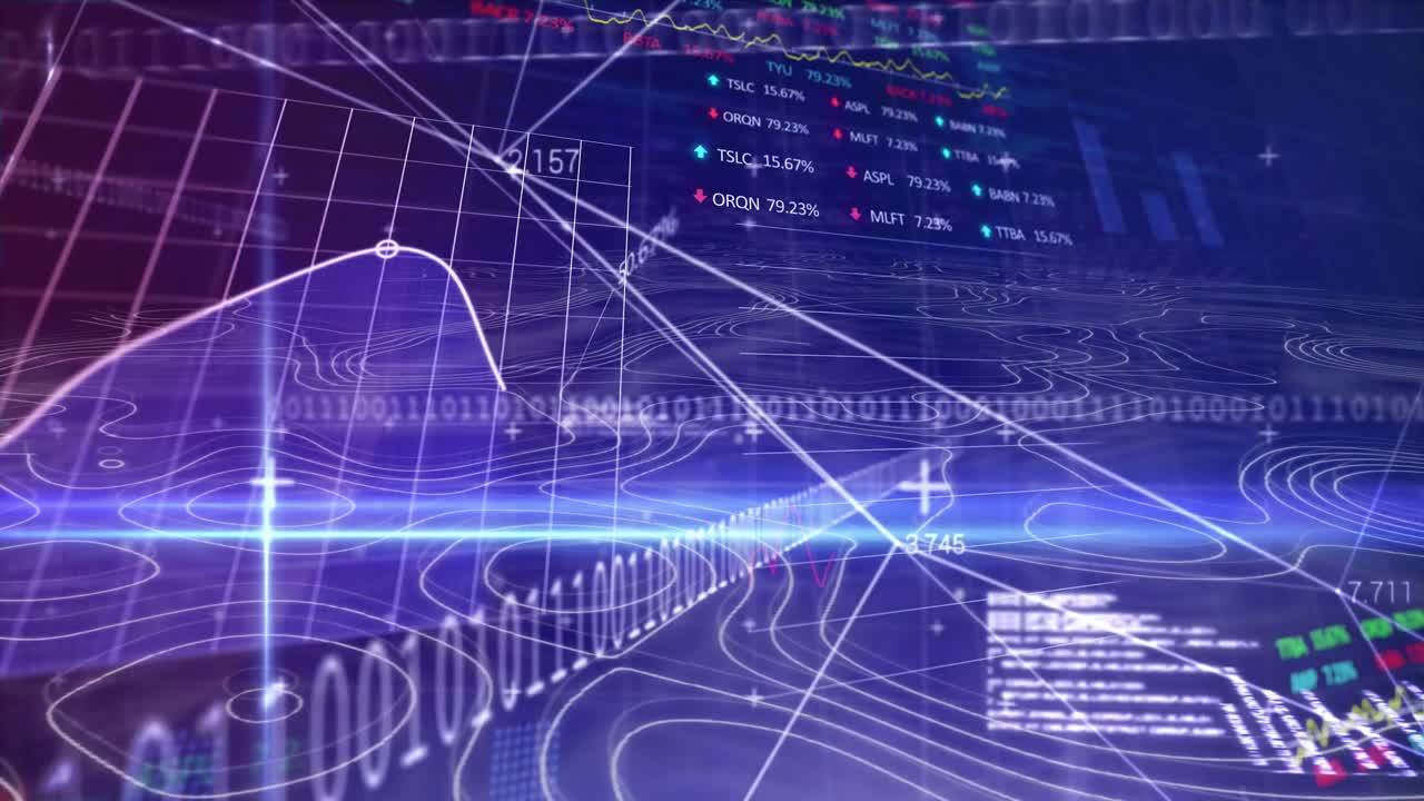 파란색 배경 위의 바이너리 코딩과 데이터 처리의 애니메이션