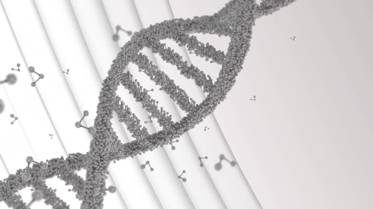 Filamento di DNA a doppia elica 3D rotante e molecole su linee bianche in movimento