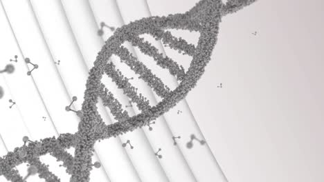 rotación de cadena de adn de doble hélice 3d y moléculas sobre líneas blancas en movimiento