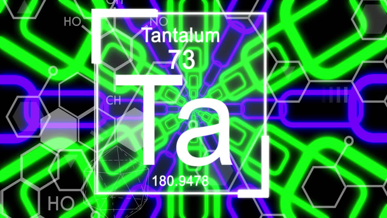 검은색 배경의 모양 위에 화학 기호의 애니메이션