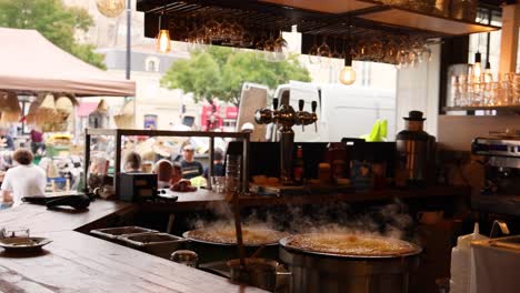 pancakes cooking in a bustling bordeaux cafe