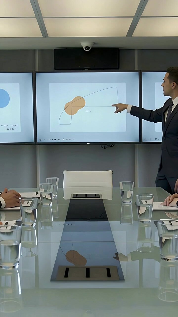 Video vertical: Aparece una diapositiva, un hombre con traje sigue una curva en la pantalla sobre una mesa, explicando