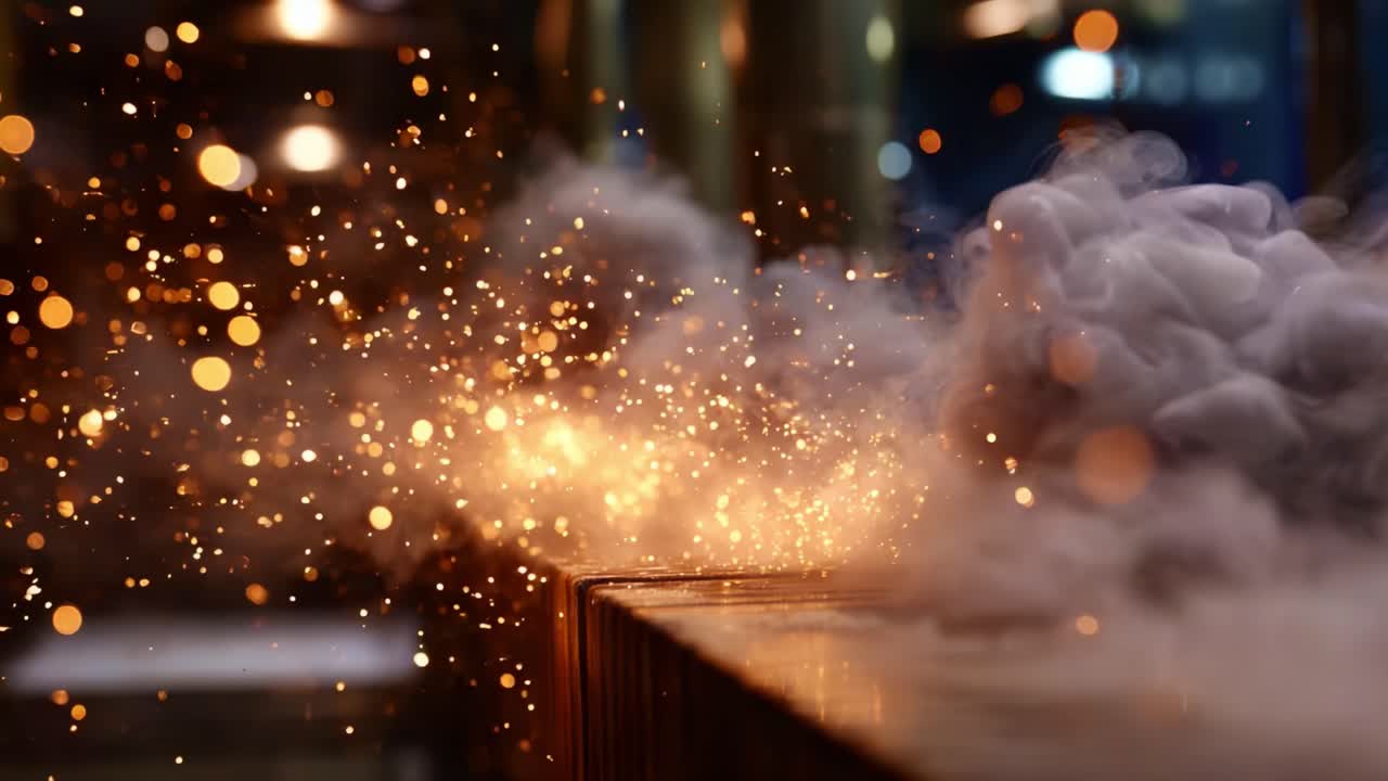 Affascinante esibizione di scintille e fumo che crea un'atmosfera incantevole, piena di particelle turbinanti e luce scintillante, che energizza la scena con un movimento dinamico