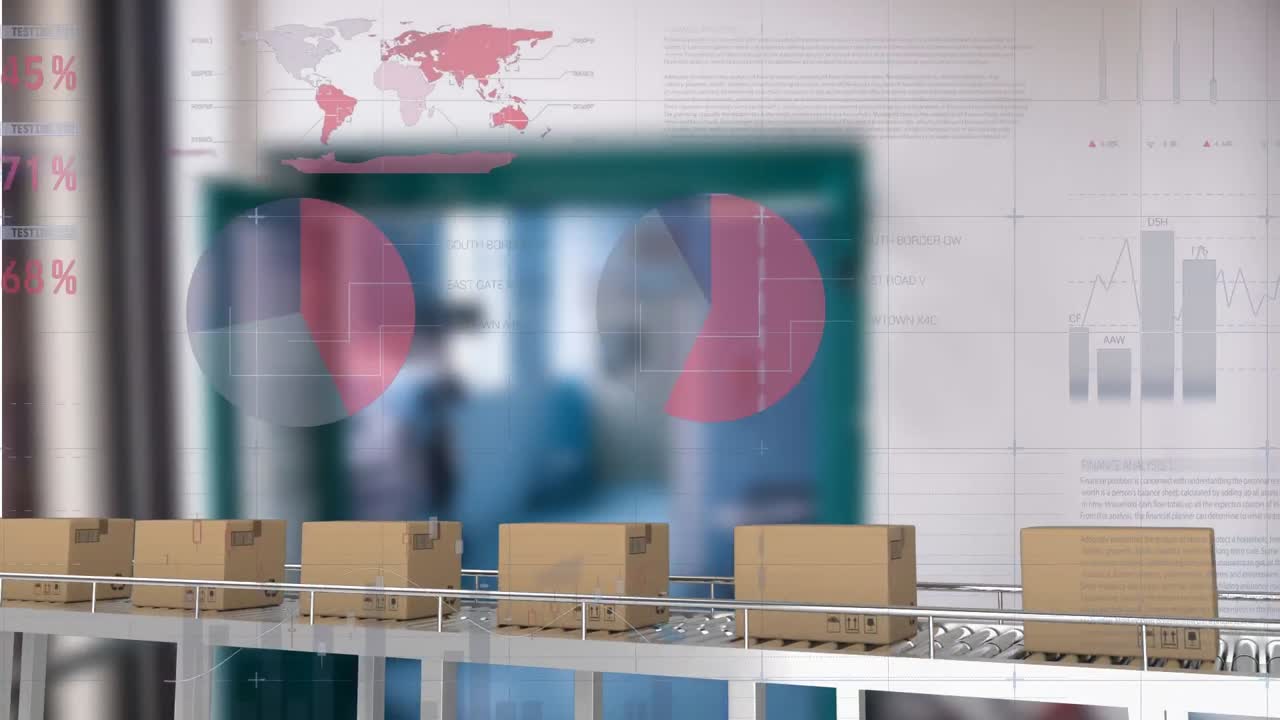 анимация обработки данных и карты мира над коробками на конвейерной ленте