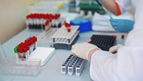 professional laboratory workers pouring blood samples into vials on the table. medical laboratory technicians making blood experiments in research clinic.