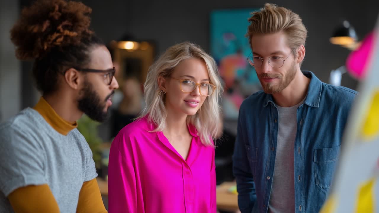 Una sessione di brainstorming collaborativa cattura l'essenza del lavoro di team e della creatività, mostrando tre professionisti impegnati in vivaci discussioni con colorati supporti visivi in un moderno spazio di lavoro