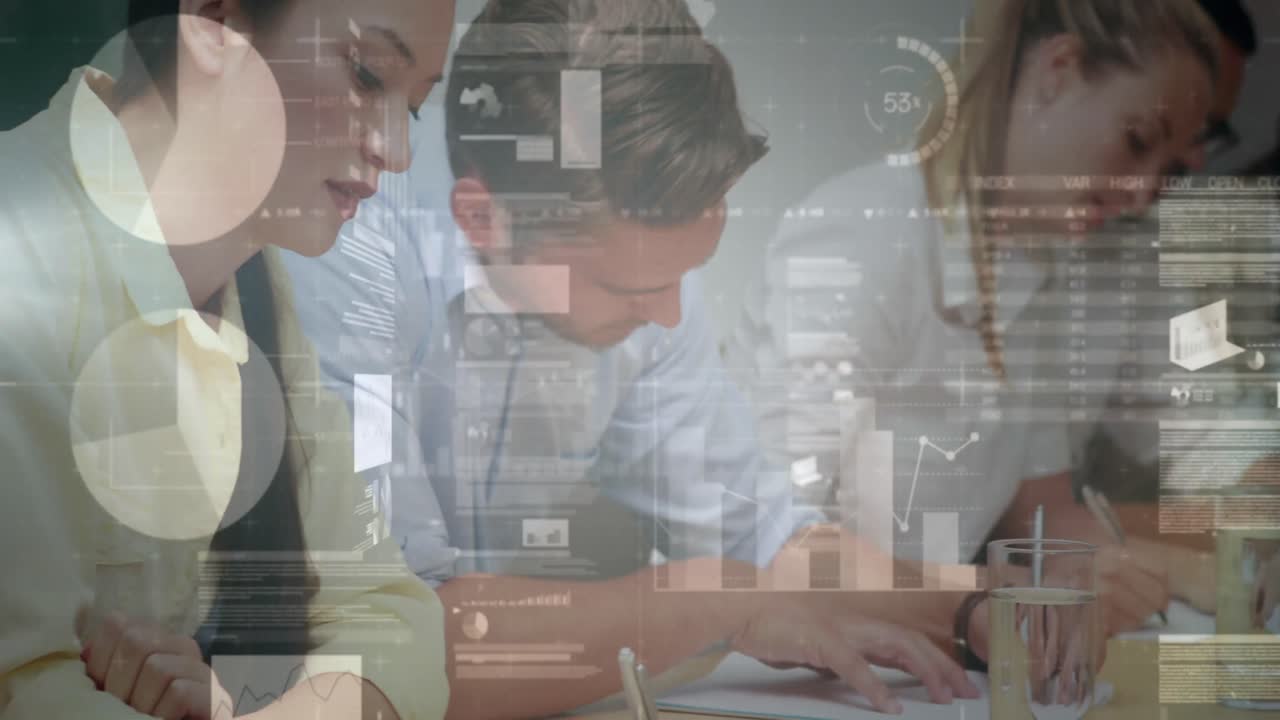 animación de estadísticas y procesamiento de datos financieros sobre empresarios en reuniones