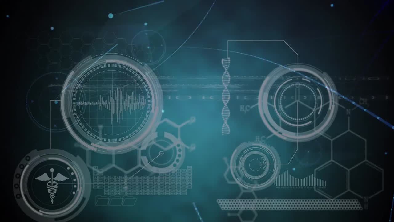 red de conexiones a través de interfaz digital con procesamiento de datos médicos contra un fondo azul