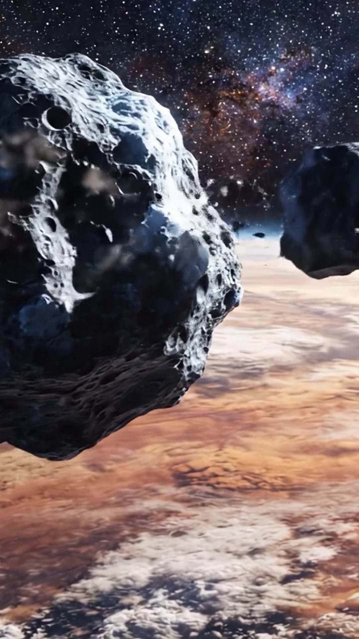 Viste ravvicinate sorprendenti di un asteroide che fluttua sopra un vibrante paesaggio planetario nello spazio profondo, mettendo in mostra la meraviglia celeste e la bellezza cosmica.
