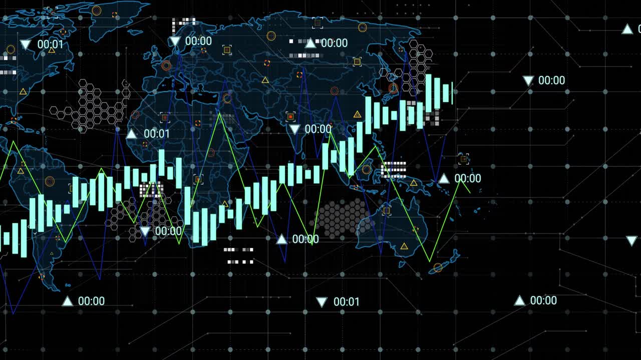 Animation of multiple graphs with changing numbers over map against black background