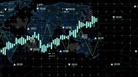 animation of multiple graphs with changing numbers over map against black background
