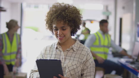 Gerente-Femenina-En-Almacén-De-Distribución-Logística-Mediante-Tableta-Digital