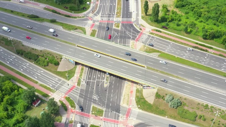Aerial view of a freeway intersection