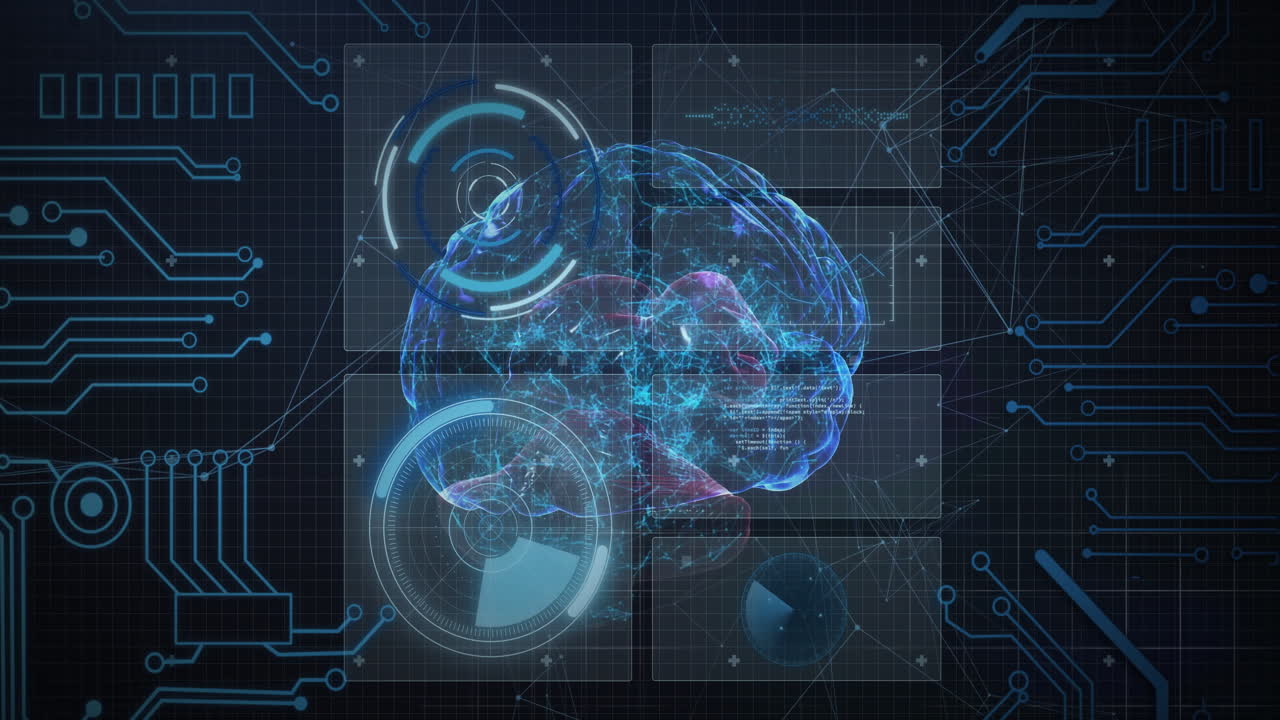 Animation of digital brain with futuristic data processing and network connections