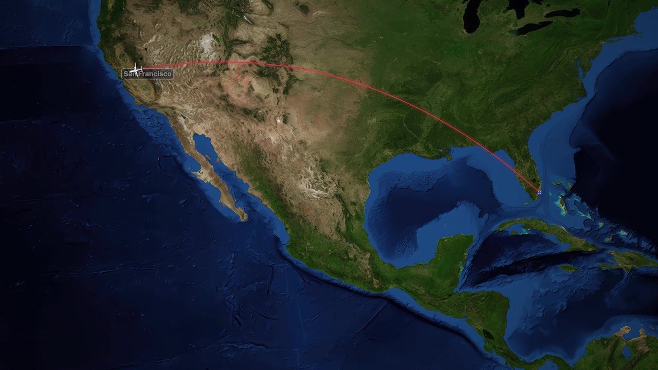 Satellite map animation tracks a plane flying from Miami to San Francisco with red line