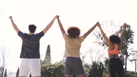 Joyful-diverse-friends-raising-arms-in-park