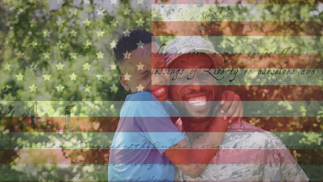 animación de un soldado masculino abrazando a su hijo sonriente sobre la bandera estadounidense