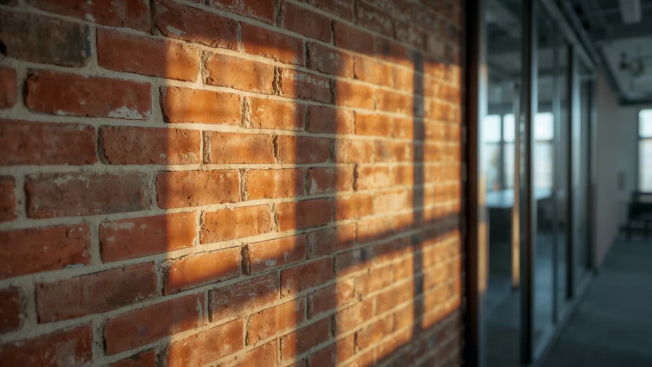 Przesuwające się światło słoneczne, ślizgające się cienie okien po ceglanej ścianie, kamera panoramująca w korytarzu ze szklanymi elementami.