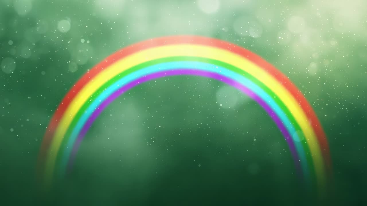 Intenso arcoíris que se ilumina y se eleva en una neblina verde, con dispersión de luz y motas bokeh flotantes.