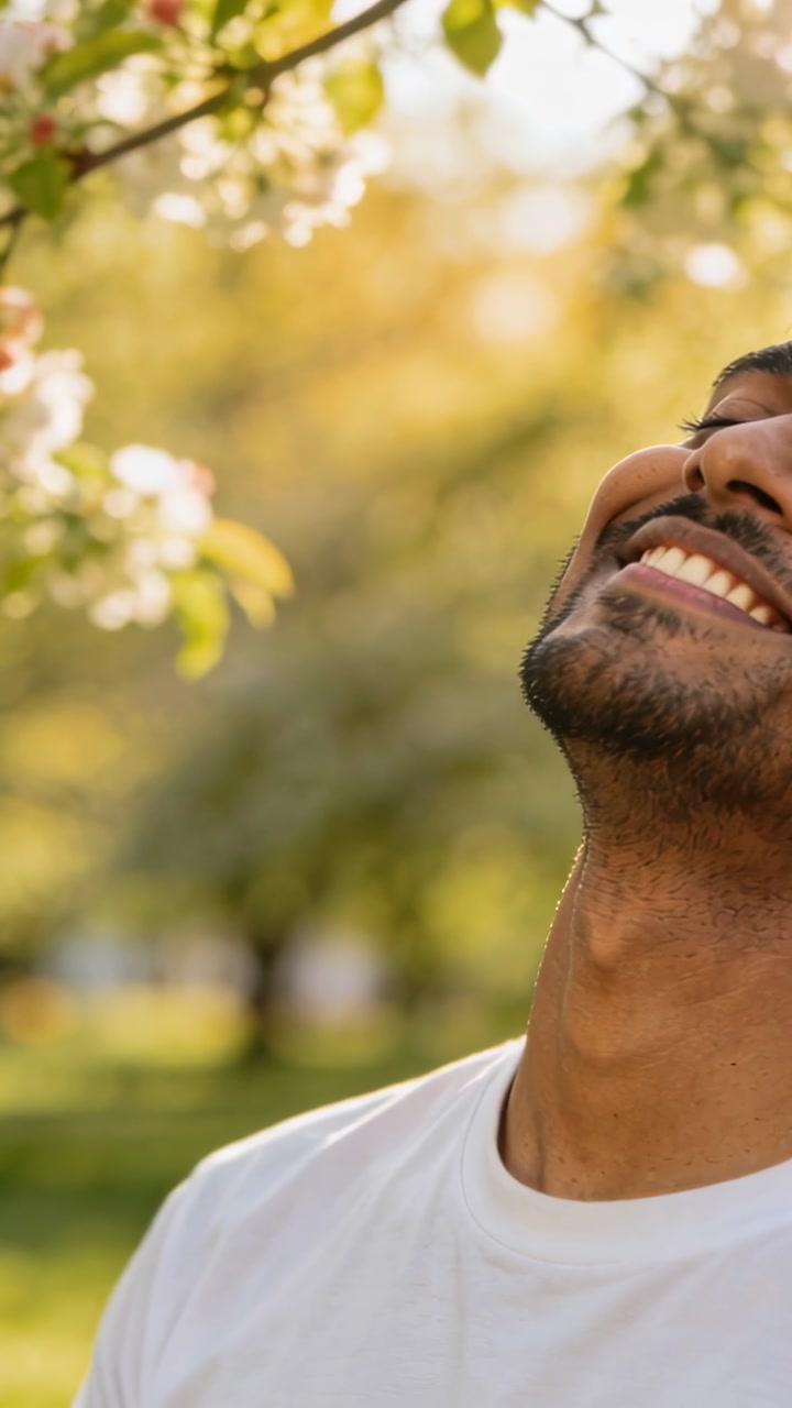 Vertical video: Seeing blossoms, smiling man in white tee tilting head upward in park, copy space