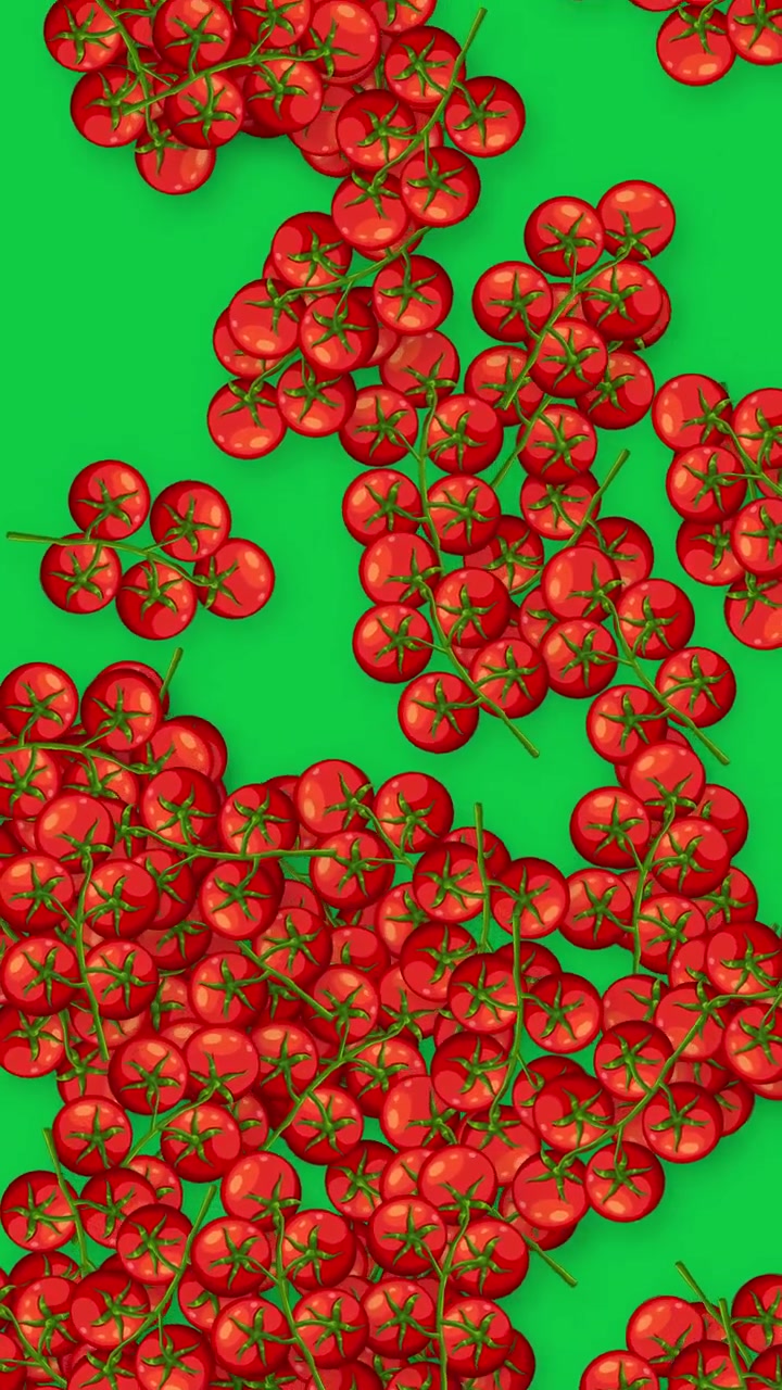 Pomodorini ciliegino rossi su tralci cadono verticalmente su uno sfondo verde brillante
