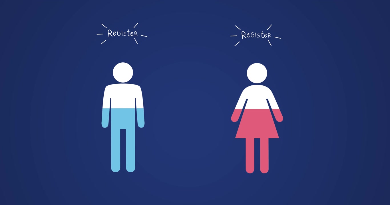 Animation of register now text, man and woman pictograms filling with colour on blue background