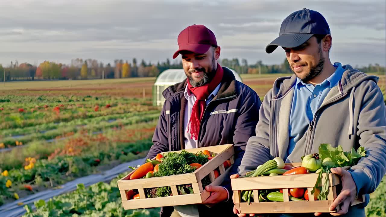 Two men are holding baskets of vegetables in a field