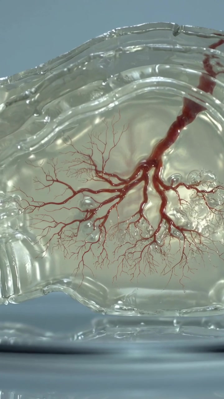 Vertical video: Demonstrating clear cast perfusing on lab dish, red fluid entering top-right trunk