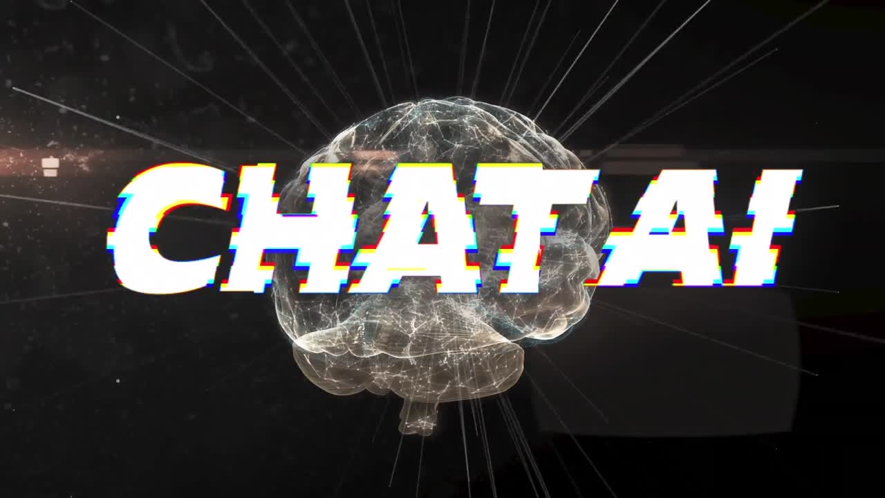 Animation of artificial intelligence chat text and data processing over human brain