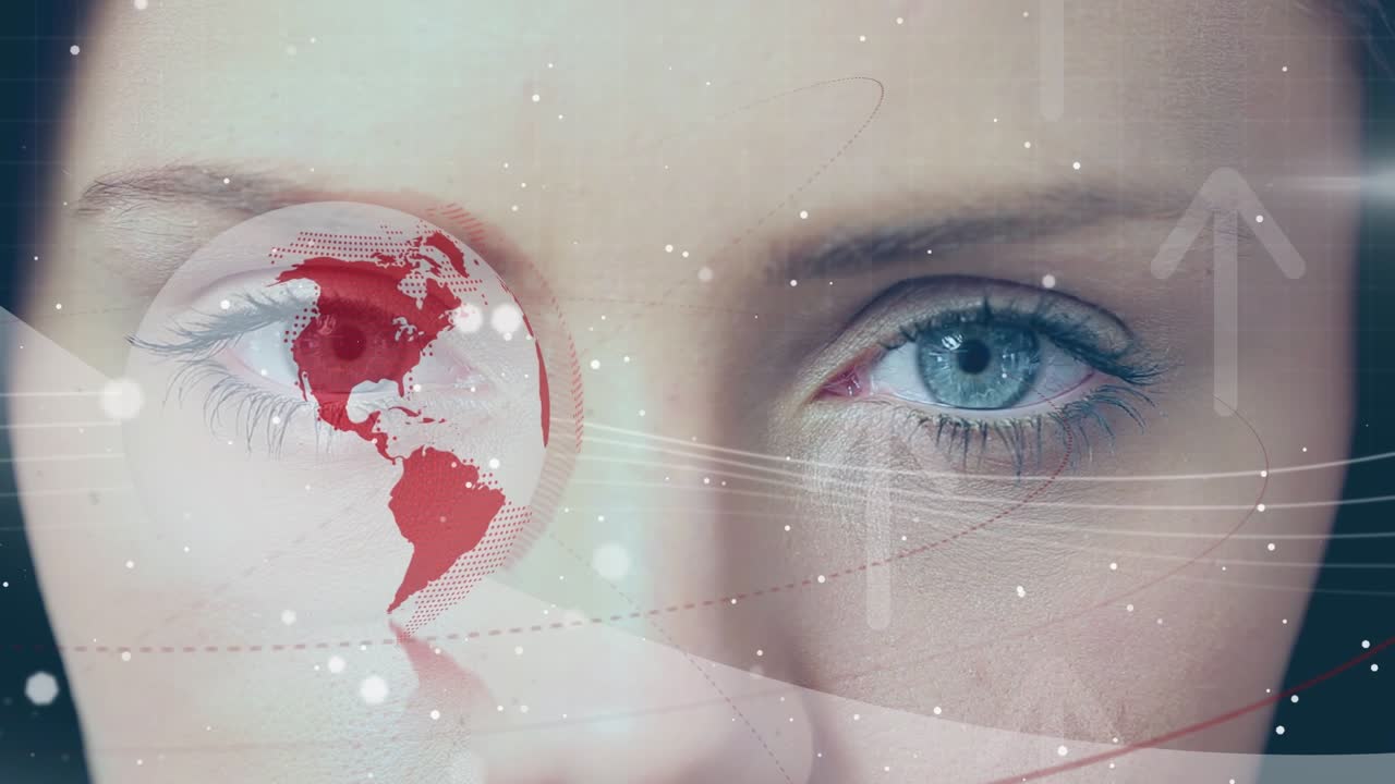Animação de globo e setas sobre olhos femininos.
