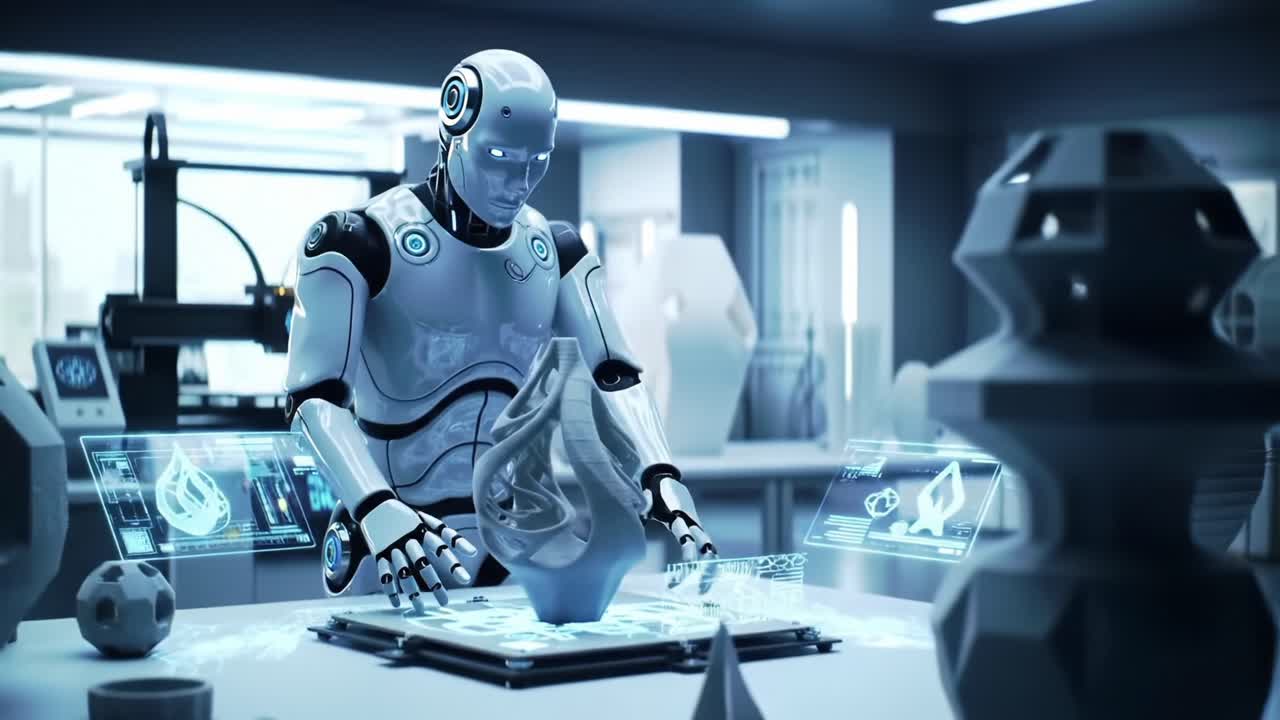 An Advanced Robotic Artist Perfecting a Sculptural Design in a High-Tech Workshop, Blending Creativity and Technology in a Futuristic Environment