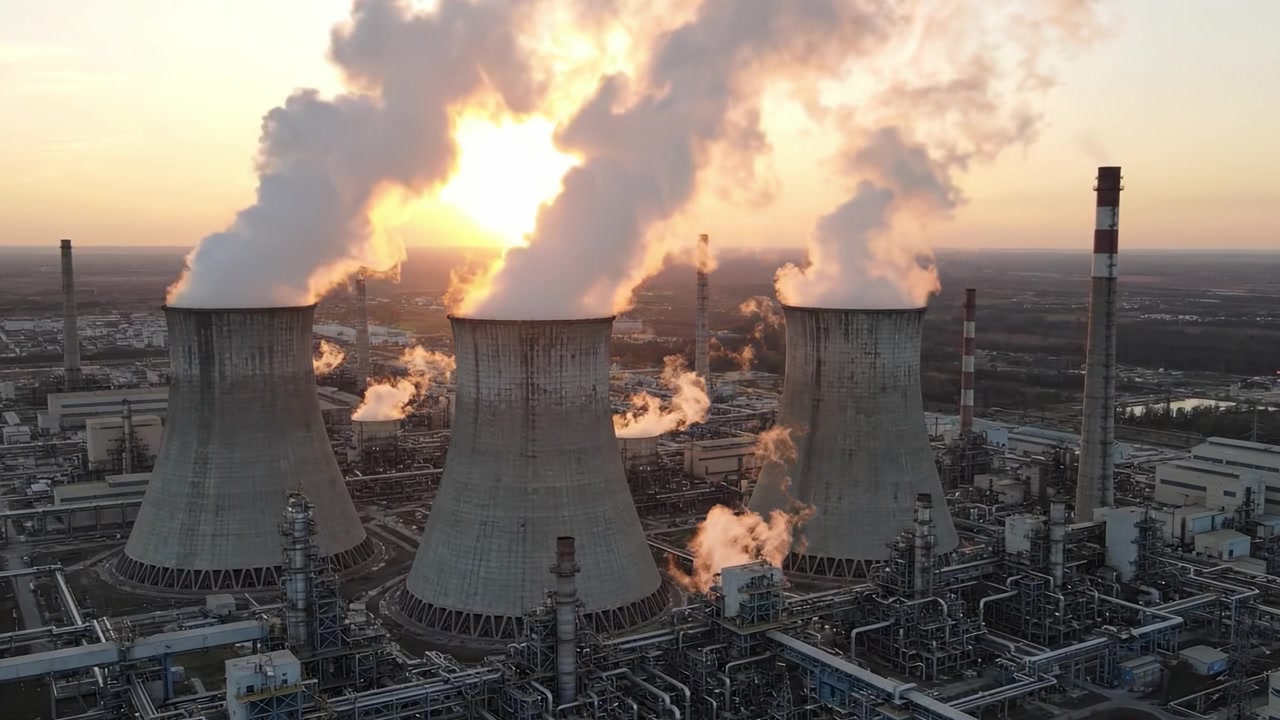 Maestoso paesaggio industriale al tramonto con tre torri di raffreddamento che emettono vapore, circondate da complesse infrastrutture e dettagli luminosi del cielo.