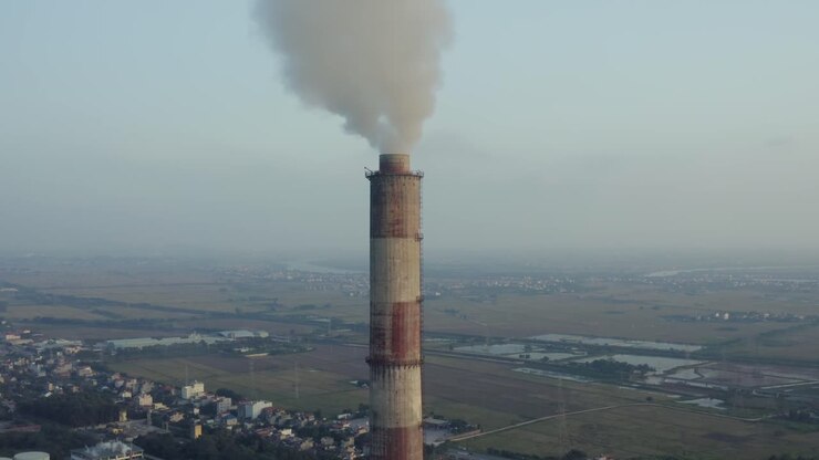 Drone view of the chimney are blowing smoke into the sky, on the sunset