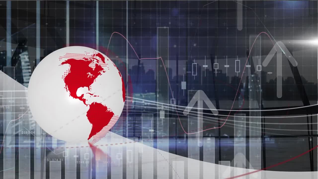 Küre ve oklar üzerinde finansal veri ve grafik animasyonu